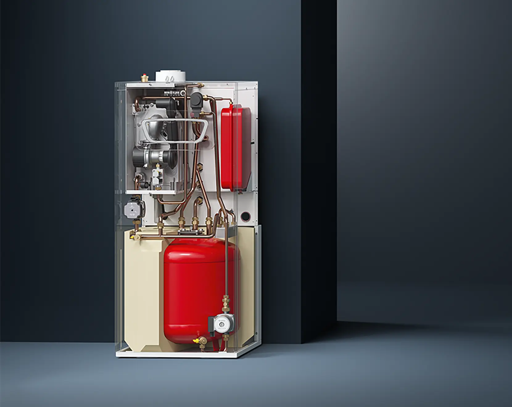 Przekrój pieca gazowego z zasobnikiem - wizualizacja - Broetje BBK EVO